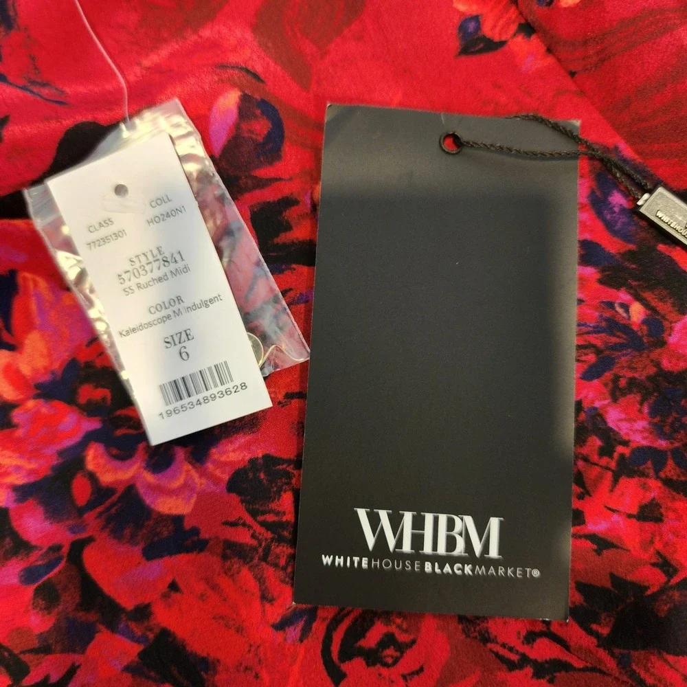 White House Black Market Ruched Midi Dress Kaleidoscope M Indulgent Red Sz 6 NEW